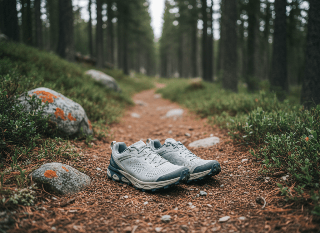 A pair of trail running shoes with slightly dusty mesh uppers and textured rubber outsoles, carefully placed on a narrow singletrack path of compacted earth and scattered pine needles. Around them, low alpine vegetation, rocks flecked with lichen, and a faintly winding trail disappear into a softly blurred forest. Early morning overcast light filters through tall conifers, creating even, diffused illumination with gentle, natural shadows under the shoes. Photographic realism with a clean, modern aesthetic, captured at ground level with a shallow depth of field that keeps the shoes in crisp focus while the background melts into a soft bokeh, conveying sincerity, technical precision, and a calm, analytical mood.
