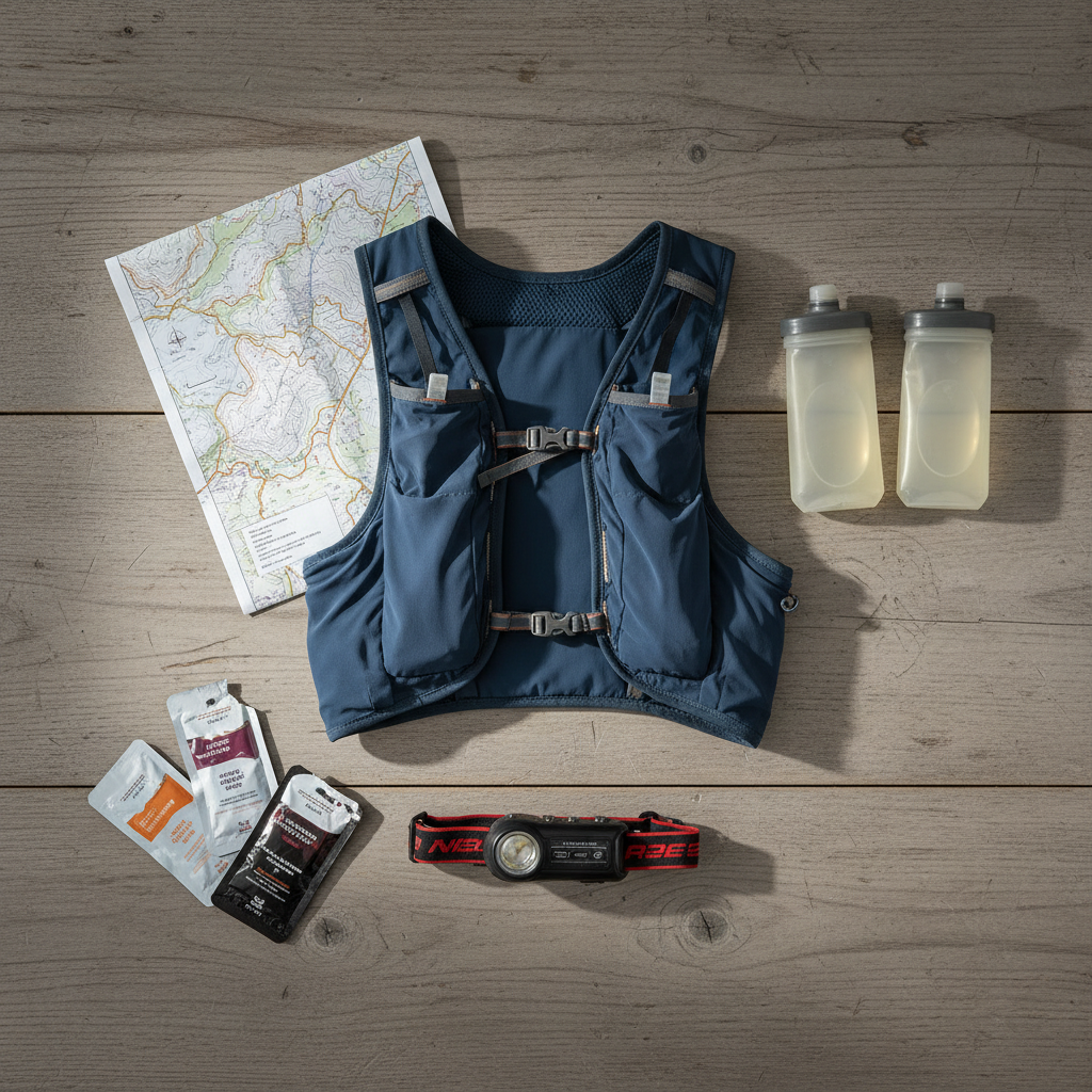 A minimalist gear flat lay of carefully arranged trail running essentials—lightweight hydration vest slightly worn at the seams, collapsible soft flasks half-filled, compact headlamp, energy gels with creased wrappers, and a folded topographic map with visible contour lines—spread on a weathered wooden table. The wood shows subtle scratches and grain, suggesting many previous adventures. Natural window light from the left creates soft highlights and orderly shadows that clearly separate each object. Photographic realism with a neutral, documentary style, shot from a true bird’s-eye view, sharp focus across the entire frame, clean negative space around the edges, conveying organization, transparency, and the methodical approach of an in-depth field test.