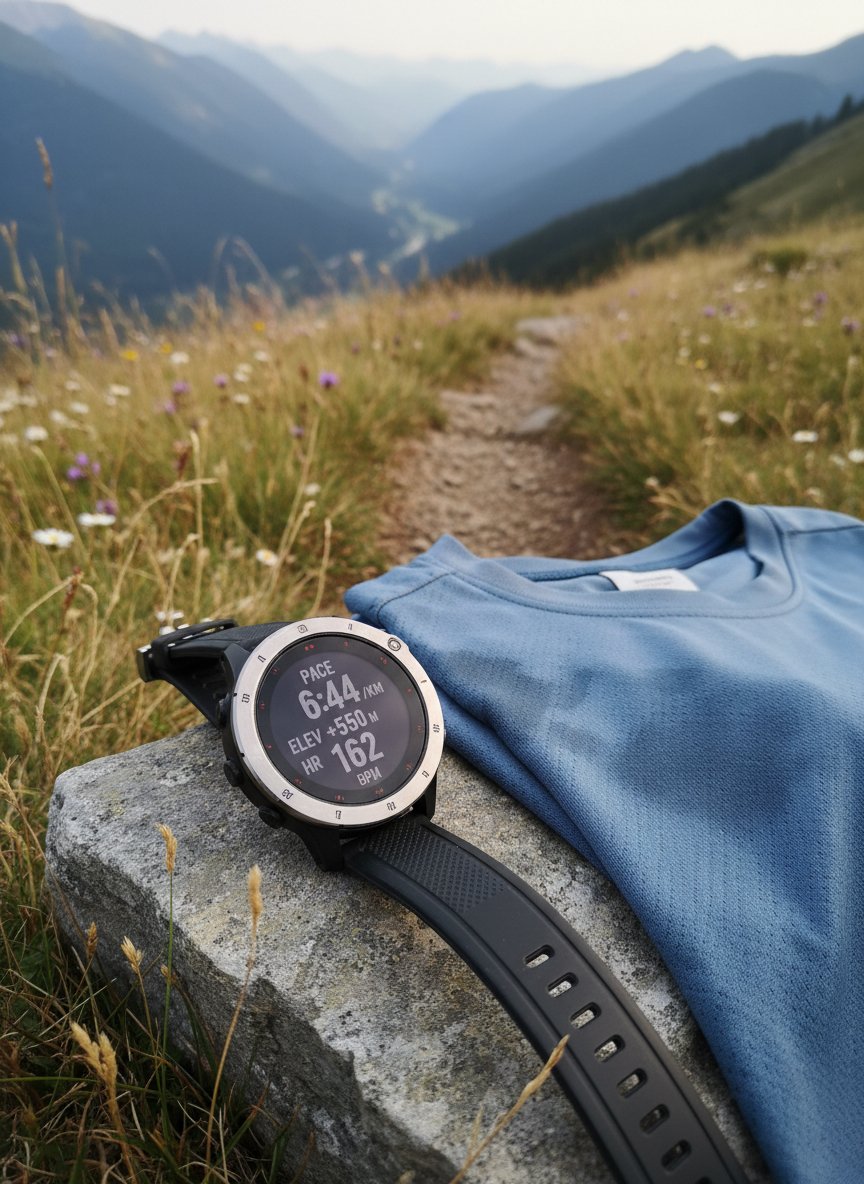 A compact trail running watch with a slightly scratched metal bezel and a bright, clearly legible screen displaying pace, elevation gain, and heart rate, resting on a flat rock beside a folded, sweat-darkened technical running shirt. The rock is embedded in a narrow mountain path edged by tufts of dry grass and small wildflowers. Late afternoon light gives a neutral, soft glow, revealing fine textures on the watch strap and fabric without harsh contrast. Photographic realism with a professional, product-review feel, shot from a slightly elevated three-quarter angle, using the rule of thirds and a moderate depth of field so the background mountains and valley are recognizable but gently blurred, emphasizing objective analysis and real-world use.